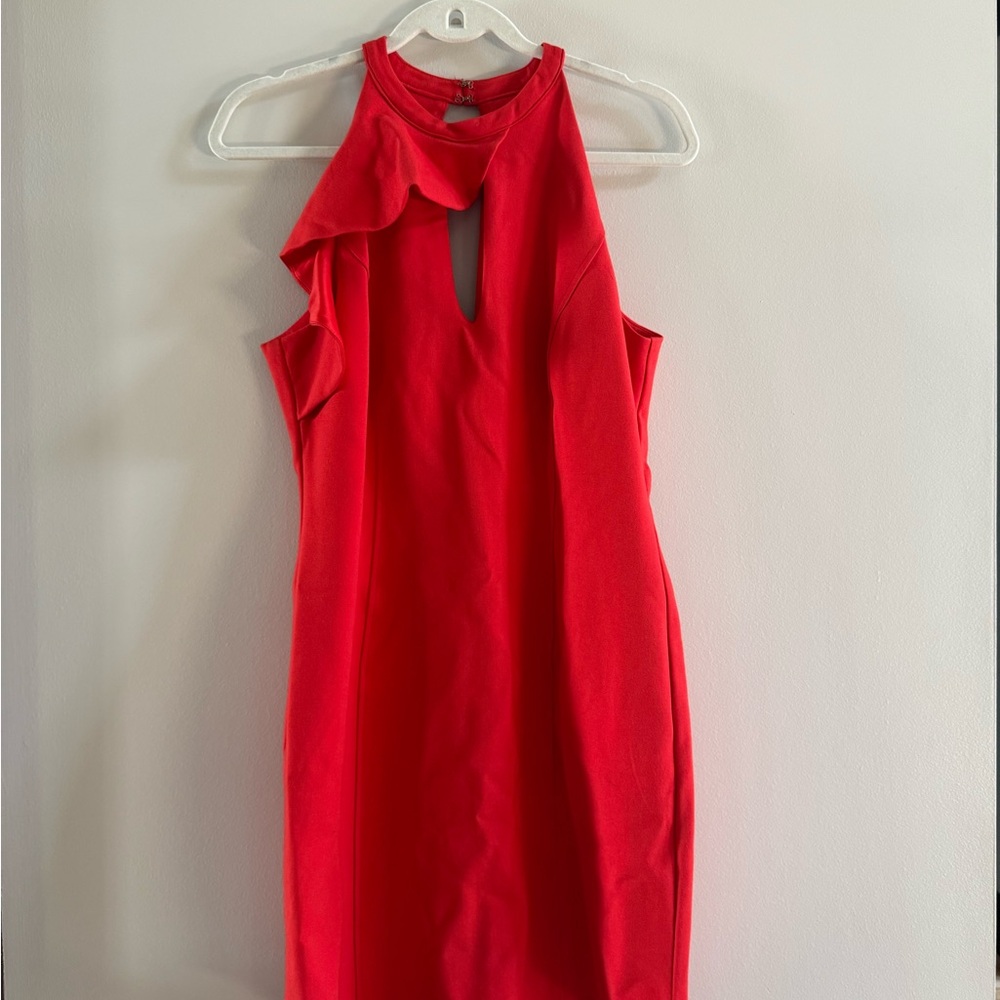 Adelyn Rae Red Asymmetrical Sheath Dress Halter Neckline